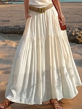 abordables concevoir des robes en coton et lin-Femmes Taille Asiatique Évasé Jupes en lin Occasionnel Été Midi Taille haute Jupes Couleur Unie Froncé Plissé Avec Poches Élastique Vacances Quotidien Vin Rouge pastèque Moutarde verte couleur orange