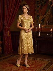 abordables Barroco &amp; Declaración-Tacones de bloque bordados barrocos de mujer estilo real dorado inspirado en el Gatsby de los años 1920 con adornos de piedras preciosas para ocasiones formales escénicas y de vestuario