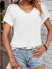 abordables T-shirt uni-Femmes T-shirt Uni Mode Moderne Occasionnel Manche Courte Col en V Hauts Réguliers Quotidien Week-end Œillet Noir Blanche Jaune Rose Claire Été