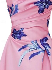 voordelige Roze-A-Lijn Avondjurk Bloemenprint Elegante Jurk Formele Avondfeest Vloerlengte Verwijderbare Eén Schouder Mouw en Bloemen met Plooien en Split Bruiloft Gast Jurk