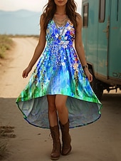 tanie Sukienki boho-Damskie Sukienka midi Sukienka A line Letnie sukienki Urlop Codzienny Boho Wyjściowe Plaża Regularny Kwiaty Graficzny Bez rękawów W serek Niebieski Fioletowy Pomarańczowy Zielony Lato Wiosna
