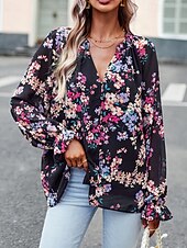 billige Boho topper-Dame Boho skjorte Bluse Blomsternål i krystall Moderne Bohem Langermet V-hals Vanlige topper Daglig Ut på byen Trykt mønster Svart Navyblå Blå Aprikos Sommer