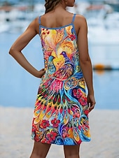 tanie Sukienka boho-Damskie Sukienka mini Sukienka A line Letnie sukienki Sukienka na ramiączkach Urlop Codzienny Codzienny Regularny Kwiaty Graficzny Ptak Bez rękawów W serek Niebieski Lato
