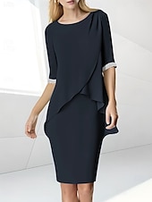 preiswerte Teelänge-Strandhochzeit Etuikleid Mutter der Braut Kleid Hochzeitsgast Eleganter Juwelenausschnitt Teelänge Chiffon halblangärmelig mit Perlen-Raffung