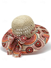 cheap Women&#039;s Hats-Women&#039;s Wide Brim Straw Sun Hat with Colorful Ethnic Print Bow – Boho Style Foldable Beach Hat for Summer Travel and Vacation