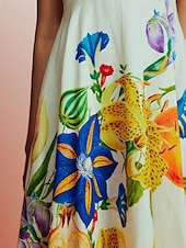 ieftine rochii imprimate din bumbac si in-Pentru femei Rochie Lunga Rochie Maxi Rochii de in bumbac Rochie casual Modă În aer liber Petrecere Concediu Fit regulat Floare Fără manșon Bretele Spagheti Portocaliu Vară