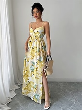 olcso Koktélruhák-Ásványvonalú quinceanera ruhák Elegáns ruha formális esküvő földig érő ujjatlan V nyakú poliészter hátul nyitott virágmintás esküvői vendég ruha