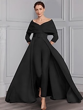 voordelige Mama&amp;#39;s jumpsuits-Twee-delige Jumpsuit Moeder van de Bruid Formele Bruiloft Gast Elegante Feest Scoop Hals Off Schouder Enkele Lengte Rekbare Stof 3/4 Lange Mouw met Ceintuur  Riem 2025