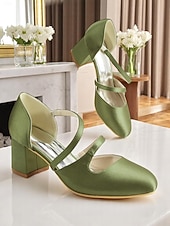 cheap 1950s Retro-Women's 1950s Green Satin Mary Jane Block Heels – Elegant Cross-Strap Vintage Shoes for Weddings, Parties, and Formal Events