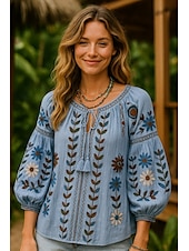 preiswerte Hemden-Damen Hemd Blumen Grafik Bohemien Vintage Lässig Langarm Rundhalsausschnitt Normale Oberteile Täglich Bestickt Weiß Blau Sommer