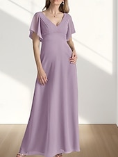 preiswerte Bodenlänge-A-Linie Brautmutterkleid Hochzeitsgast Elegant Süß V Ausschnitt Bodenlang Chiffon Kurzarm mit Raffung 2025