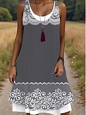 preiswerte Ausgefallene Kleider-Damen Midikleid Trägerkleid Mode Klassisch Outdoor Täglich Wochenende Normale Passform Grafik Geometrisch Ärmellos Rundhalsausschnitt Hellgrau Sommer Frühling Herbst