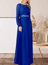 abordables Longueur du plancher-Robe A-Ligne pour Mère de la Mariée Invité de Mariage Élégante Col Arrondi Longueur Sol Chiffon Manches Longues avec Perles Ruché