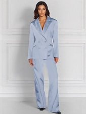 economico Tailleur pantalone della mamma-Tuta a Due Pezzi  Completo Completo per Madre della Sposa Giacca Doppiopetto Elegante Vintage Semplice Collo a V Lunghezza Piedi Satin Stretch Maniche Lunghe con Bottoni Coperti
