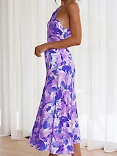 abordables Robes Floraux Imprimés-Femmes Robe Midi Robe Fleurie Robe Imprimée Mode Moderne Extérieur Vacances Week-end Coupe régulière Fleur Sans manches Une Épaule Jaune Bleu Violet Orange Été