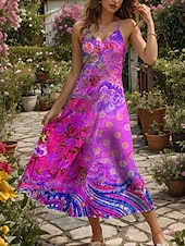 economico Abiti Boho-Per donna Abito maxi Vestito Estivo Abito a trapezio Abito Sottoveste Vacanza Casual Boho Spiaggia Vestibilità regolare Floreale Grafico A Pois Senza Maniche Scollo a V Viola Arancione Estate