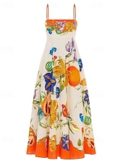 ieftine rochii imprimate din bumbac si in-Pentru femei Rochie Lunga Rochie Maxi Rochii de in bumbac Rochie casual Modă În aer liber Petrecere Concediu Fit regulat Floare Fără manșon Bretele Spagheti Portocaliu Vară