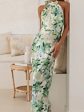 cheap Print Floral Dresses-Women's Long Dress Maxi Dress Floral Dress Halter Neck Dress Fashion Modern Vacation Going out Weekend Regular Fit Flower Sleeveless Halter Neck Yellow Pink Green Summer