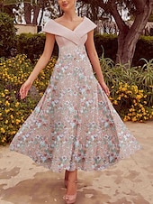 abordables Robes de cocktail-Robe cocktail en satin rose floral ligne A brodée robe élégante invitée de mariage longueur cheville manches courtes épaule dénudée ornée de sequins avec robes pailletées