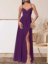 abordables Robes de demoiselle d&#039;honneur-Robe de demoiselle d&#039;honneur trapèze, col en V, sans manches, élégante, longueur au sol, en mousseline extensible avec plis / devant fendu / froncé 2025