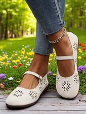 cheap Women&#039;s Flats-Women&#039;s Comfort Mary Jane Wide-Toe Flats with Floral Cutouts – Soft Sole Casual Barefoot Shoes for Ladies – Great for Brunch, Farmers Markets and Outdoor Leisure