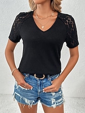 ieftine tricou simplu-Pentru femei Tricou Simplu Modă Stilat Modern Manșon scurt În V Topuri obișnuite Zilnic Sfârșit de săptămână Dantelă Peteci Negru Alb Roșu-aprins Trifoi Vară