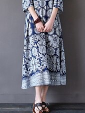 abordables Robes Bohémiennes-Femmes Robe Midi Robe en coton et lin Robe Fleurie Robe bohème Robe Imprimée Mode Classique Extérieur Vacances Fête Coupe régulière Fleur Manche 3/4 Col ras du cou Bleu clair Été