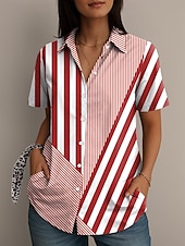 abordables Tops à Rayures et Géométriques pour Femmes-Femmes Chemise Graphique Géométrique Rayé ancien Élégant Occasionnel Manche Courte Col de chemise Hauts Réguliers Quotidien Rouge Bleu Vert Été Printemps