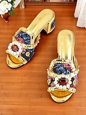 billige 1930-tallet-damesko med barokke, blomsterdekorerte hæler og perler, slip-on-sko fra 1920-tallet til fester og spesielle anledninger