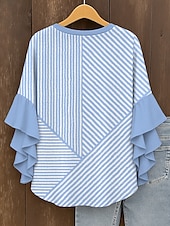 tanie Damskie topy w paski i geometryczne-Damskie Bluzka Graficzny Geometryczny Prążki Zabytkowe Codzienny Elegancki Rękaw 3/4 W serek Zwykłe topy Codzienny Święto Ubrania wakacyjne Falbana Nadruk Czarny Żółty Rumiany róż Niebieski Fioletowy