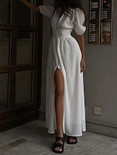 abordables Robes de Diplôme-Femmes Robe Midi Robe Blanche Robe de remise des diplômes Robe de Soirée Mode Moderne Soirée Anniversaire Date Coupe régulière Uni Manche Courte Col en V Noir Blanche Été