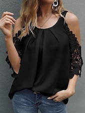voordelige Kant Tops-Dames blouse kant splice top effen kleur elegant stijlvol basic 3/4 mouw sleeve band reguliere tops dagelijks kant patchwork zwart wit roze rood zomer
