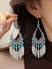 cheap Women&#039;s Earring-Women&#039;s Bohemian Turquoise Drop Earrings – Vintage Western Style Statement Jewelry with Feather and Bead Details for Parties, Festivals and Casual Wear