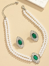 ieftine Colier de damă-Set colier și cercei vintage pentru femei, cu perle – bijuterii elegante din mărgele duble și accente ovale aurii pentru doamne, ideale pentru nunți, petreceri și ocazii formale