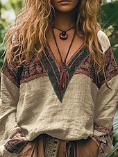cheap Boho tee-Women&#039;s Cotton Linen Shirts Boho Shirt Blouse Flower Modern Boho Long Sleeve V Neck Regular Tops Holiday Going out Print Black Red Orange Dark Gray Apricot Summer