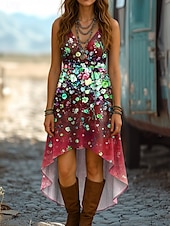 economico Abiti Floreali Stampati-Per donna Abito Midi Abito a trapezio Abito Estivo Casual Boho Uscire Spiaggia Vestibilità regolare Ombre Floreale Grafico Senza Maniche Scollo a V Rosso Blu Viola Verde Estate Primavera