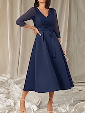 cheap Tea Length-A-Line Mother of the Bride Dress Wedding Guest Elegant Sweet V Neck Tea Length Satin Half Sleeve with Sash / Ribbon Beading Ruching 2025