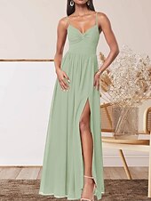 abordables Robes de demoiselle d&#039;honneur-Robe de demoiselle d&#039;honneur trapèze, col en V, sans manches, élégante, longueur au sol, en mousseline extensible avec plis / devant fendu / froncé 2025