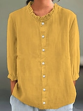 cheap Plain Tops-Women&#039;s Cotton Linen Blouse Solid Color Elegant Stylish Casual 3/4 Length Sleeve Crew Neck Regular Tops Daily Holiday Buttons Black White Yellow Pink Blue Summer