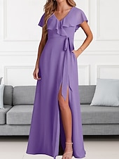 cheap Bridesmaid Dresses-A-Line Bridesmaid Dress V Neck Short Sleeve Elegant Floor Length Chiffon with Sash / Ribbon / Ruffles / Split Front