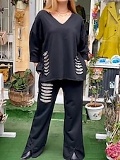 abordables Ensembles-Femmes Actif Mode Chemises en coton et lin Chemisier Ensembles de Pantalons manche longue Col en V Couleur Unie Paillettes Vacances Décontracté Quotidien Noir Blanche Rouge Été Coupe régulière