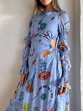 preiswerte bedruckte Kleider aus Baumwolle und Leinen-Damen Langes Kleid Maxikleid Baumwoll-Leinen-Kleider Freizeitkleid Mode Outdoor Party Ferien Normale Passform Bemalt Langarm Rundhalsausschnitt Blau Sommer
