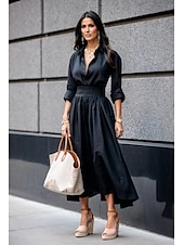 economico Abiti casual bianchi-Per donna Abito Lungo Maxi Abito Vestito a ruota Elegante Uscire Vestibilità regolare Colore Puro Manica Lunga Scollo a V Nero Bianco Autunno