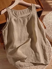 billige Skjorter-Dame Bomull lin vest Bluse عادي Fritid Ermeløs Crew-hals Vanlige topper Daglig Ferie Hvit Oransje Grønn Kakifarget Sommer