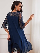 abordables Robe Simple-robe d&#039;invitée de mariage pour femme robe unie robe midi dentelle mousseline patchwork décontracté col rond manches 3/4 robes de cocktail robes formelles couleur bleue