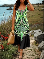 billiga Boho klänningar-Dam Maxiklänning A linjeklänning Sommarklänning Off Shoulder Klänning Semester Ledigt Fest Datum Normal Blommig Grafisk Stam Ärmlös Fyrkantig hals Rodnande Rosa Purpur Grön Sommar Vår