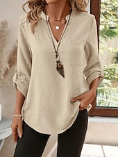 abordables Hauts Unis pour Femmes-Femmes Chemise Uni Basique Occasionnel manche longue Encolure en V Hauts Réguliers Quotidien Boutons Noir Rose Claire Bleu Roi Bleu Vert Été Printemps