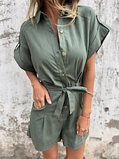 abordables Ensembles-Femmes Actif Basique Ensembles en coton et lin Manche Courte Col de chemise Couleur Unie Décontracté Quotidien Vert Été Coupe régulière