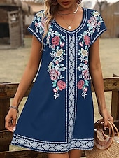 ieftine Rochii florale-Pentru femei Rochie Mini Rochii Tricou Rochie de Vară Rochie de vară Vacanță Casual Boho Zilnic Ieșire Fit regulat Floral Grafic Manșon scurt În V Negru Roșu Vin Albastru piscină Maro Vară
