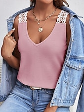 preiswerte Einfaches Tanktop-Damen Camisole-Tanktop Einfarbig Täglich Lässig Ärmellos V Ausschnitt Normale Oberteile Täglich Spitze Patchwork Schwarz Rosa Aprikose Grau Sommer